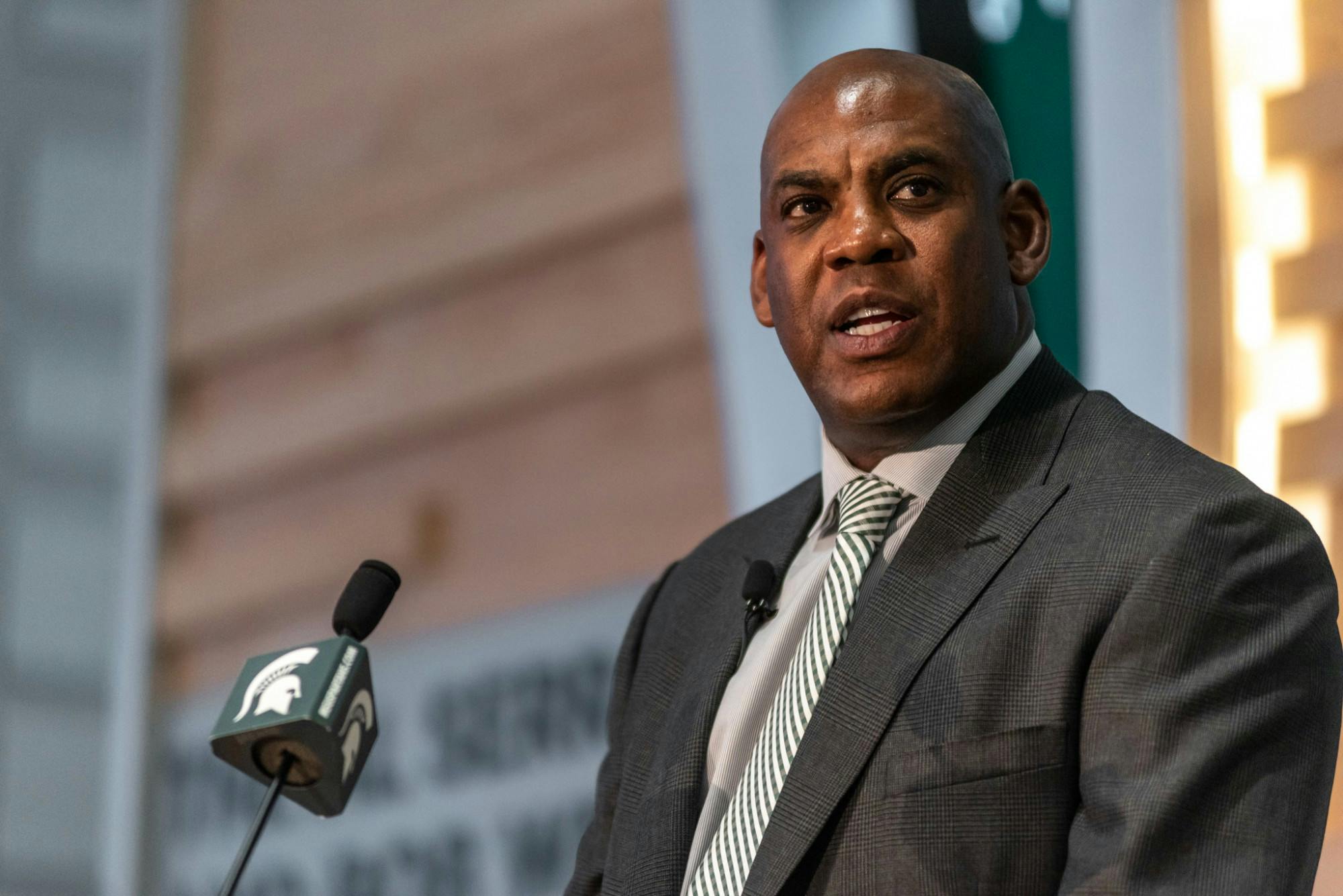 <p>New head football coach Mel Tucker speaks at his introductory press conference at the Breslin Student Events Center on Feb. 12, 2020.</p>