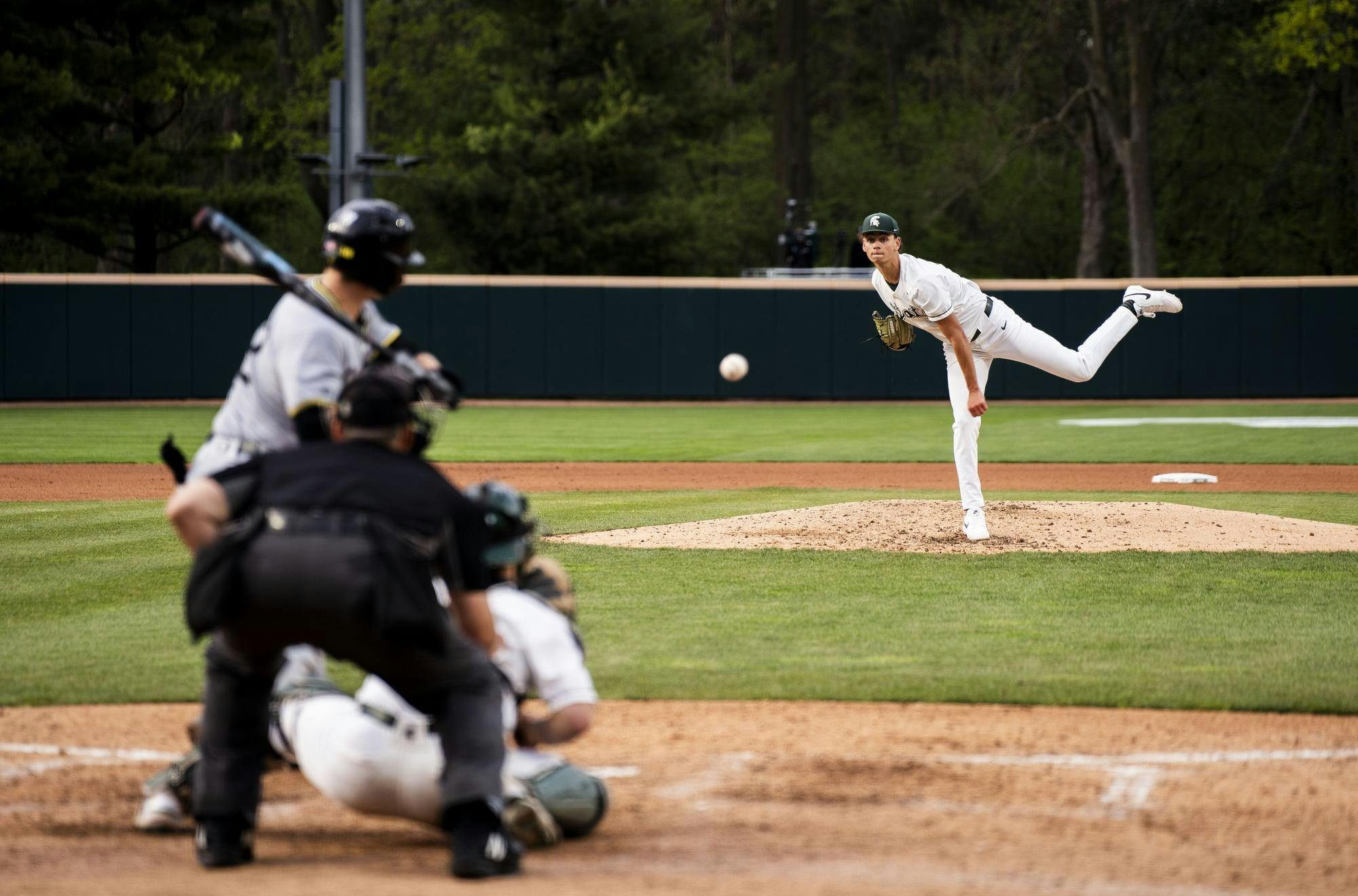 <p>Michigan State junior left-handed pitcher Joseph Dzierwa (16) throws the ball at McLane Stadium on May 2, 2025. Michigan State the University of Oregon 2-0.</p>