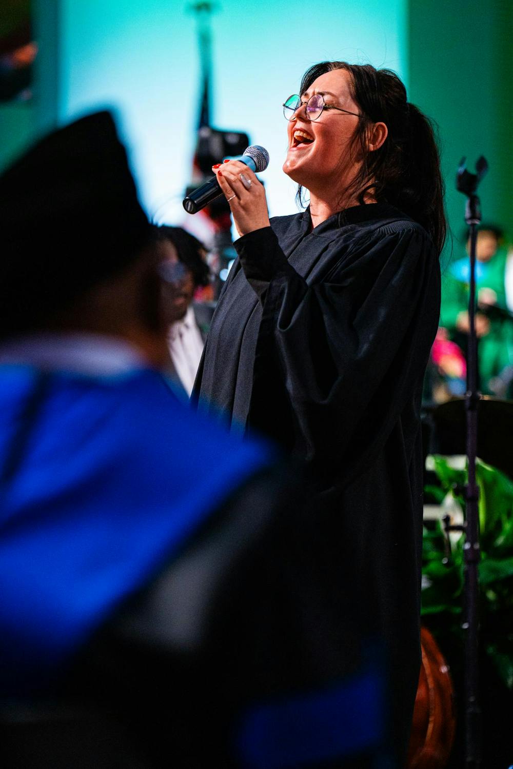 An MSU student performs a song for the crowd during the fall 2024 commencement ceremony at the Breslin Center on Dec. 14, 2024.