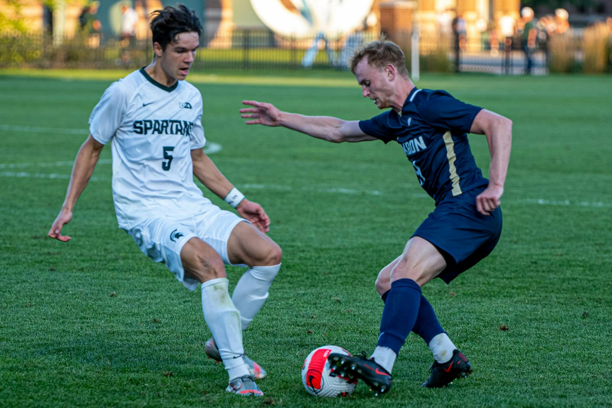 <p>Sophomore midfielder Jack Zugay makes a move on the ball during the Spartans&#x27; 2-1 loss to Akron on Aug. 30, 2021.</p>