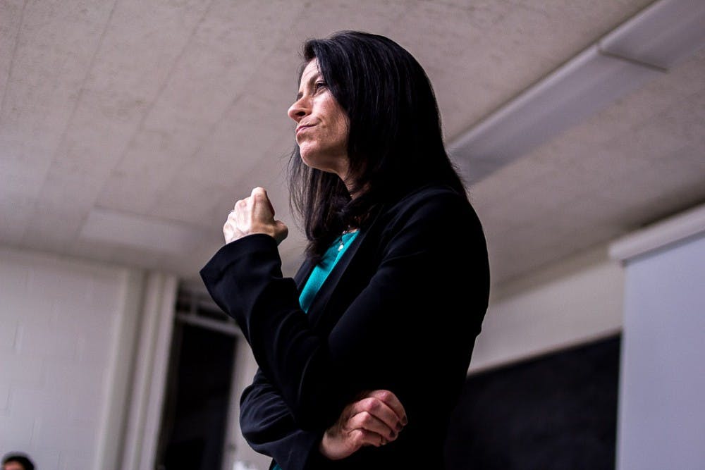 Dana Nessel takes questions from students in the MSU College of Democrats on Oct. 22, 2018 at Wells Hall. Nessel is running for Michigan attorney general in the upcoming election.