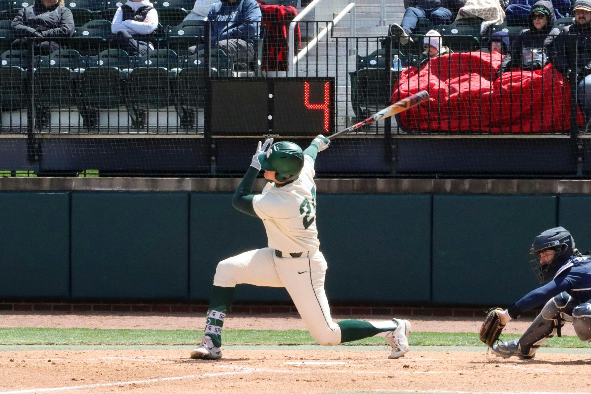 <p>Junior infielder Sam Busch takes a massive swing but it wasn't quite where it was needed, in the matchup against Penn State at McLane Baseball Stadium on April 21, 2024.</p>
