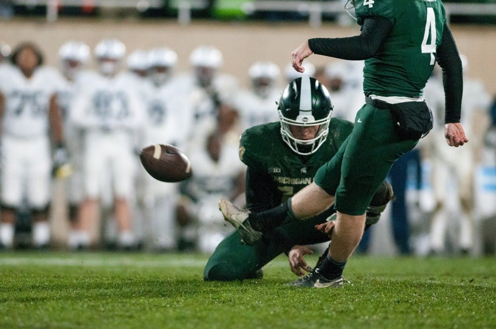 Redshirt freshman kicker Matt Coghlin (4) kicks the game winning field goal during the game against Penn State, on Nov. 4, 2017, at Spartan Stadium. The Spartans defeated the Nittany Lions, 27-24.