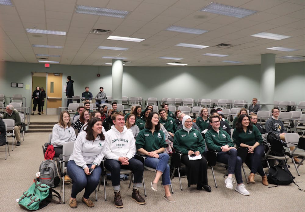 <p>Members of the three residential colleges, James Madison College, Lyman Briggs College and the Residential Colleges in the Arts and Humanities meet on Feb. 8, 2018, at the Wonders Kiva. They presented an open letter to the MSU Board of Trustees.</p>