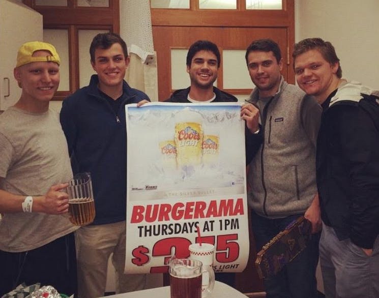 <p>Some of the brothers of SAE&nbsp;brought Burger Rama at the Riv to Alex while he was going through chemotherapy last fall at U-M. From right to left are: Chandler Berlin, James Brophy, Diego Messina, Andrew Jelso&nbsp;and Alex Berlin.</p>