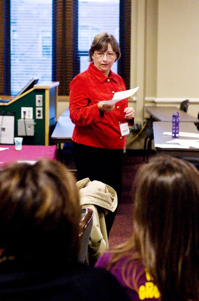 Lansing resident and social worker Maureen Moloney speaks to her audience Sunday afternoon in Union. Moloney was one of many speakers at the 9th annual Women's Leadership Conference. Matt Radick/The State News