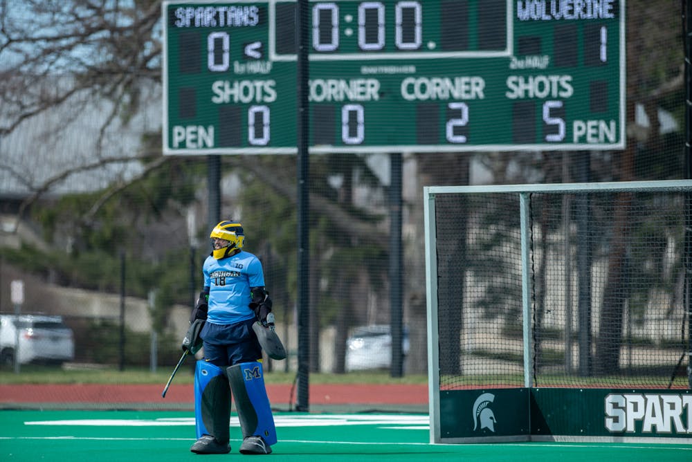 Michigan goalkeeper Anna Spieker watches the field during an away game against MSU on April 2, 2021.