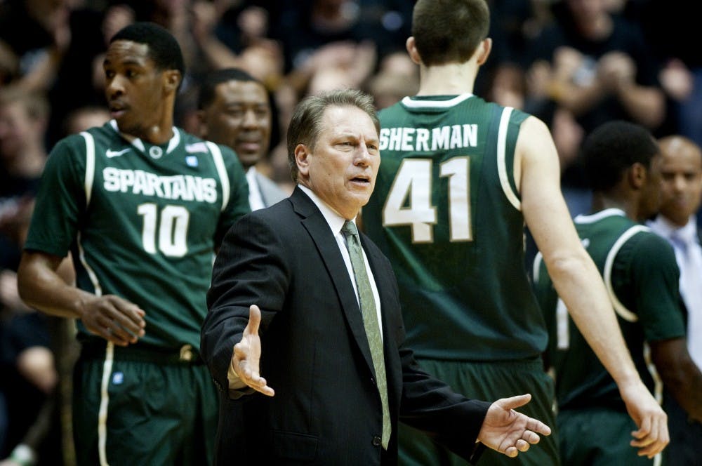 Head coach Tom Izzo reacts to a call during the first half. The Spartans lost to Purdue, 86-76, on Saturday night at Mackey Arena in West Lafayette, Ind. Josh Radtke/The State News