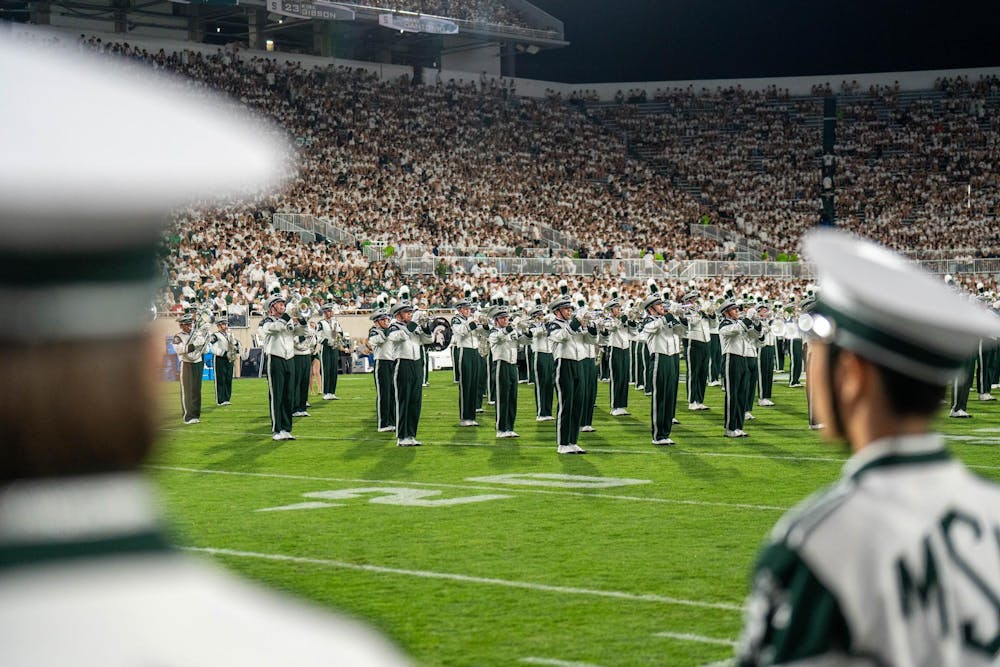 The band preforms at the start of the 4th quarter during the Michigan State vs. Toledo football game at Spartan Stadium in East Lansing, Mich., on Friday, Sept. 4, 2026.