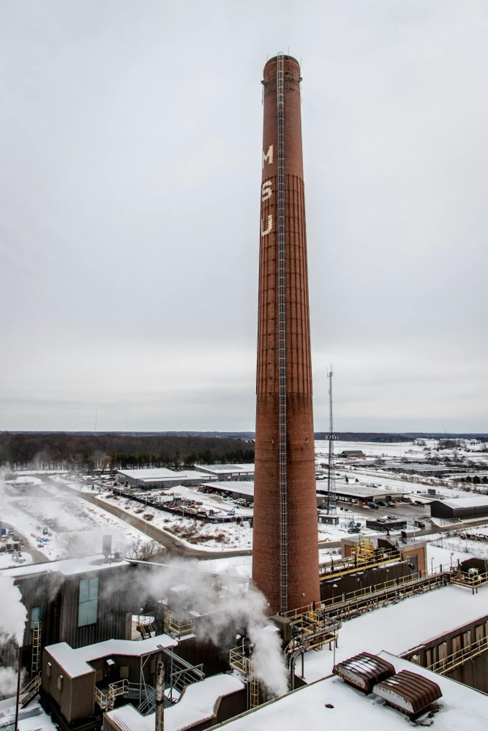 <p>Pictured is one of the smoke stacks from the T.B. Simon Power Plant on Feb. 14, 2019 in East Lansing. The T.B. Simon Power Plant is the main energy provider for Michigan State University's main campus.</p>