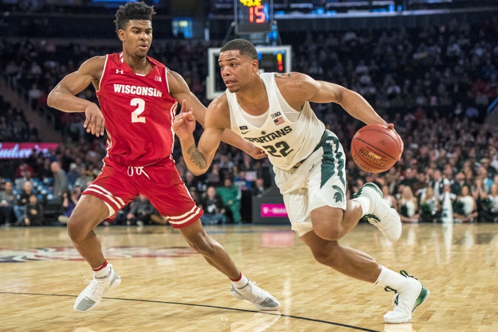 <p>Sophomore guard Miles Bridges (22) drives the ball to the net during the 2018 Big Ten Men&#x27;s Basketball quarterfinal game between MSU and Wisconsin on March 2, 2018 at Madison Square Garden in New York. </p>