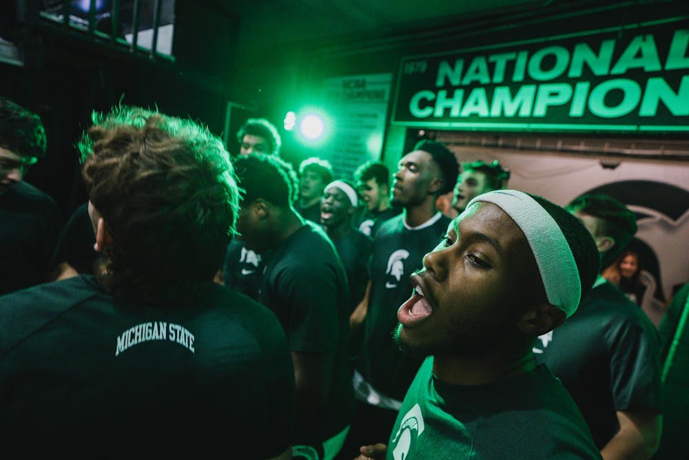 <p>MSU junior guard Tre Holloman (5) prepares to take the floor with his Spartan teammates, before MSU takes on Bowling Green at the Breslin center on Nov. 16, 2024</p>