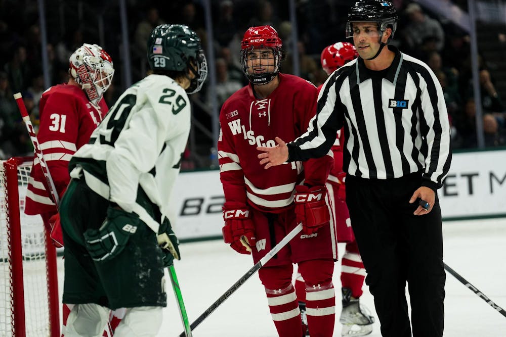 <p>Michigan State Spartans forward Gavin O'Connell (29) has some words for Wisconsin Badgers defenseman Ben Dexheimer in a game at Munn Ice Arena on Nov. 17, 2023.</p>