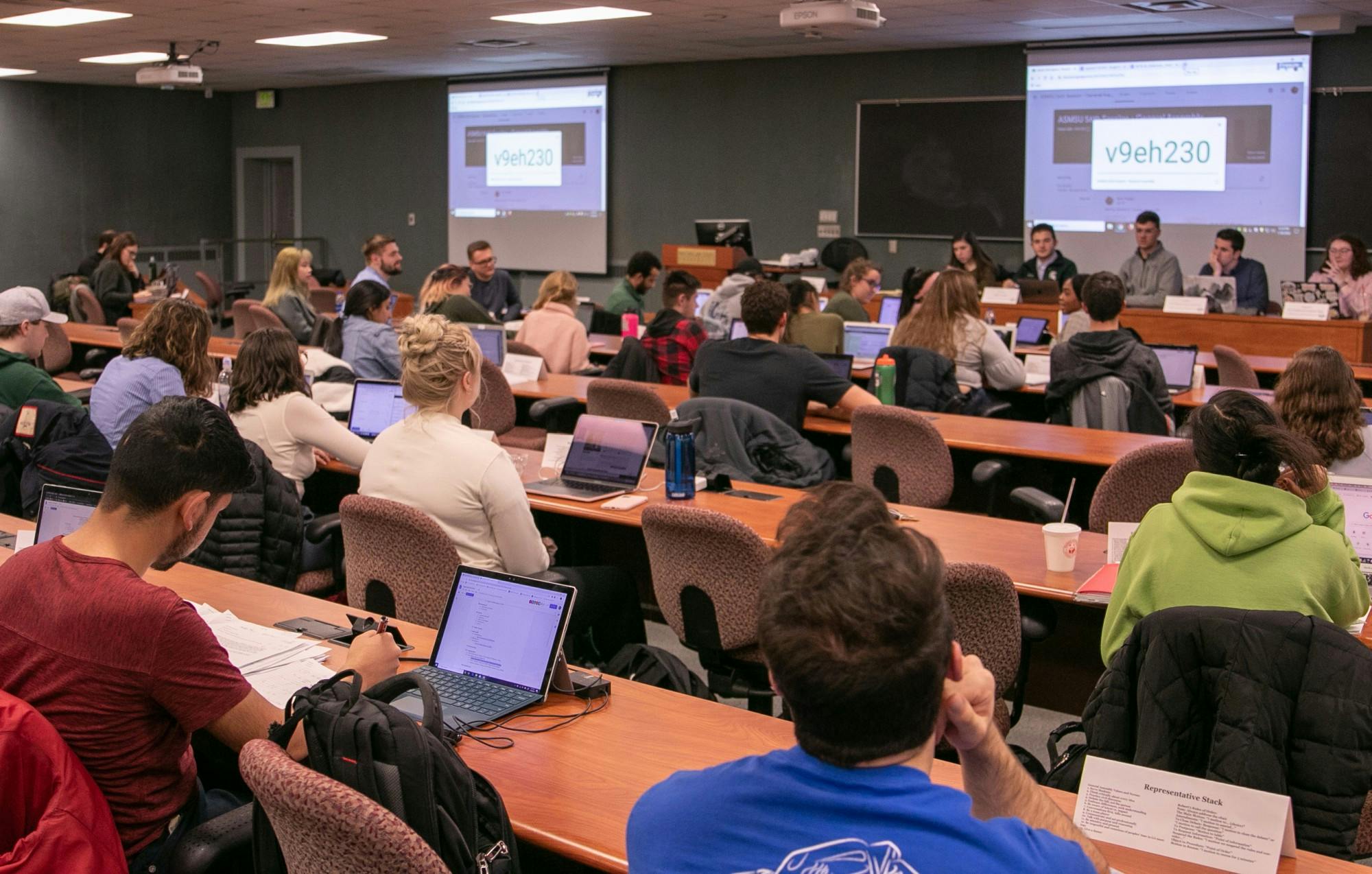 The general assembly sits at the ASMSU meeting at the International Center Jan. 30, 2020.