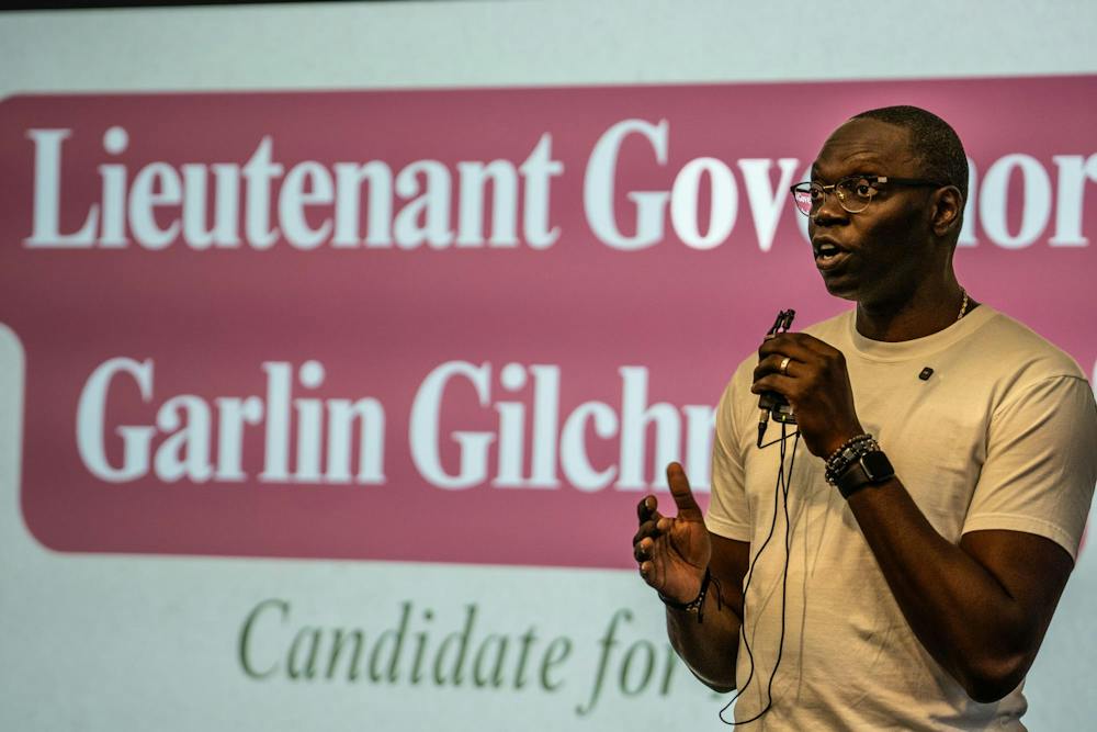 <p>Lieutenant Governor Garlin Gilchrist speaks Infront of students while at the MSU Dems club meeting in Case Hall in East Lansing, Mich., on Tuesday, September 1st, 2026.</p>