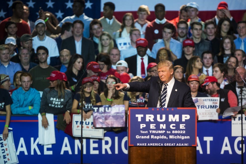 Republican presidential nominee Donald Trump gives a speech on Nov. 7, 2016 at DeVos Place Convention Center in Grand Rapids, Mich. The DeVos Place Convention Center was Trump's last stop for the 2016 election season.