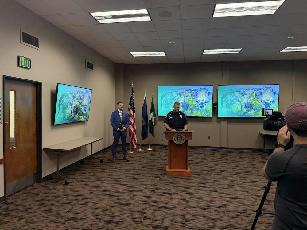 <p>Chief of Police and Executive Director of Public Safety at Michigan State University Mike Yankowski gives a speech in East Lansing, Mich., on Friday, Sept. 11, 2026.</p>