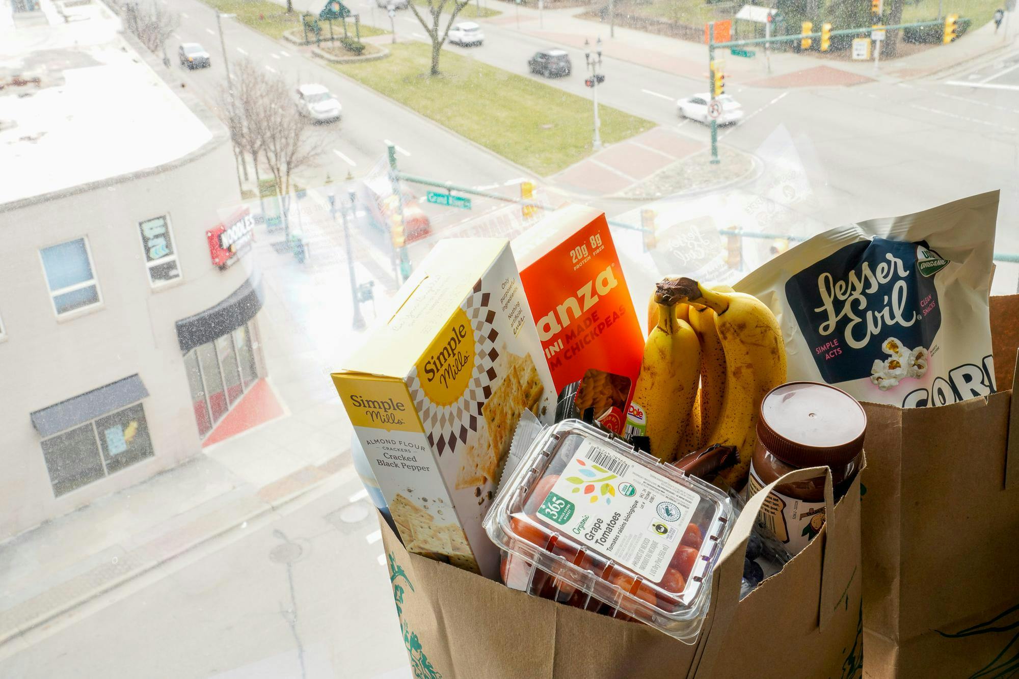 Grocery bag photo illustration along Grand River Avenue on March 7, 2024.