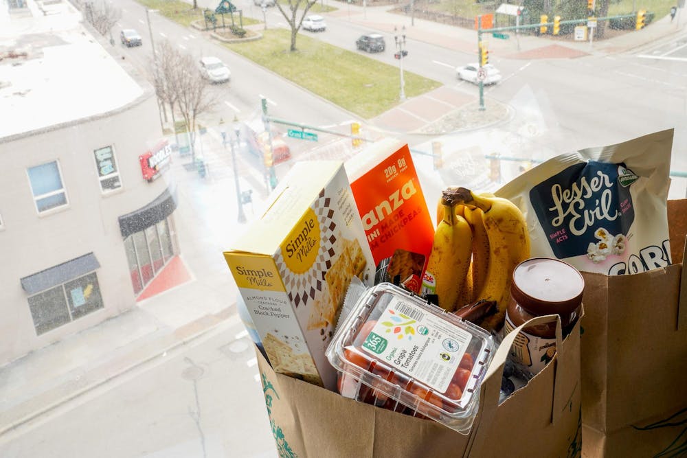 Grocery bag photo illustration along Grand River Avenue on March 7, 2024.