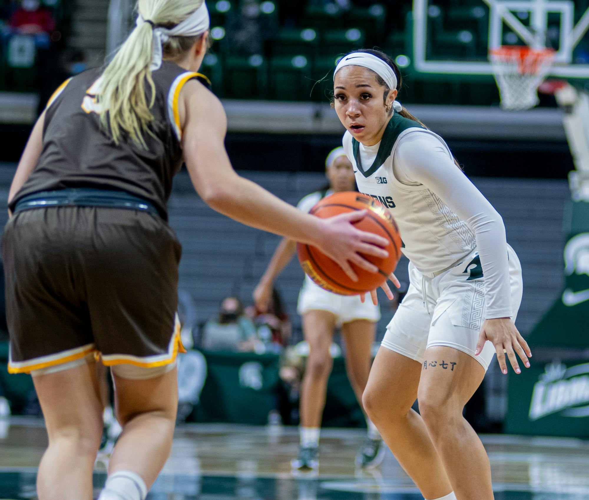 <p>Junior guard Alyza Winston watches the ball as she get back on defense, at the Breslin Center on Nov. 16, 2021. Michigan State women&#x27;s basketball took down Valparaiso 73-62, as Head Coach Suzy Merchant claimed her 500th win.</p>