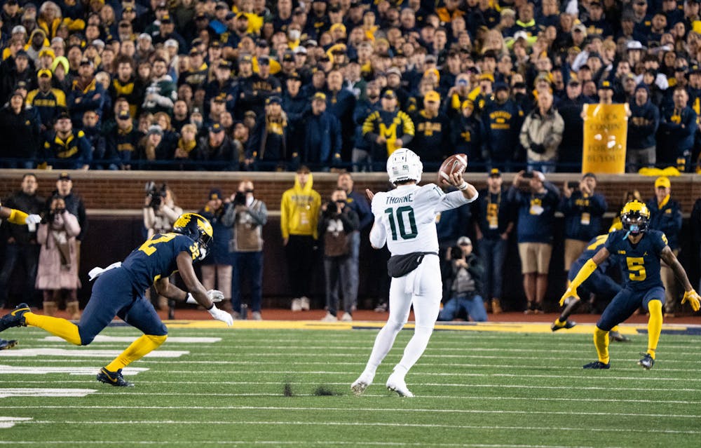 <p>Michigan State quarterback Payton Thorne (10) prepares to pass the ball during the Spartans' loss to the Wolverines on Oct. 29, 2022.</p>