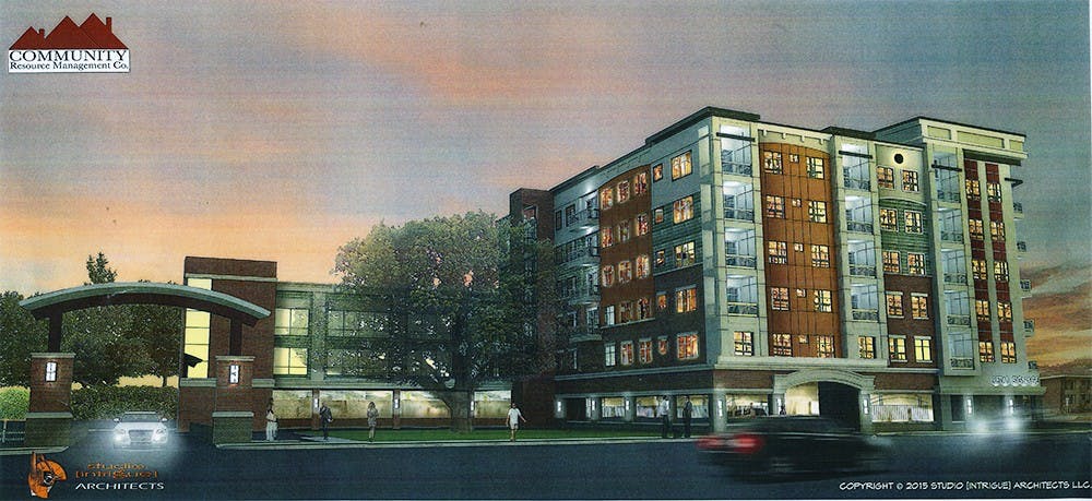 <p>Rendering of the six-story mixed-use building planned for 1301 and 1307 E. Grand River Ave. and 116-132 Spartan Ave. Rendering courtesy of Community Resource Management Company</p>