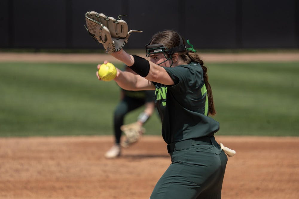 <p>Spartan right-handed hurler Ashley Miller went the distance against Minnesota, throwing a complete game at Secchia Stadium on April 15, 2023.</p>
