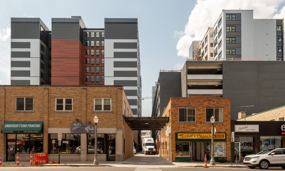 <p>Landmark Apartments and Newman Lofts as seen from M.A.C. Avenue, photographed on Aug. 12, 2019. </p>