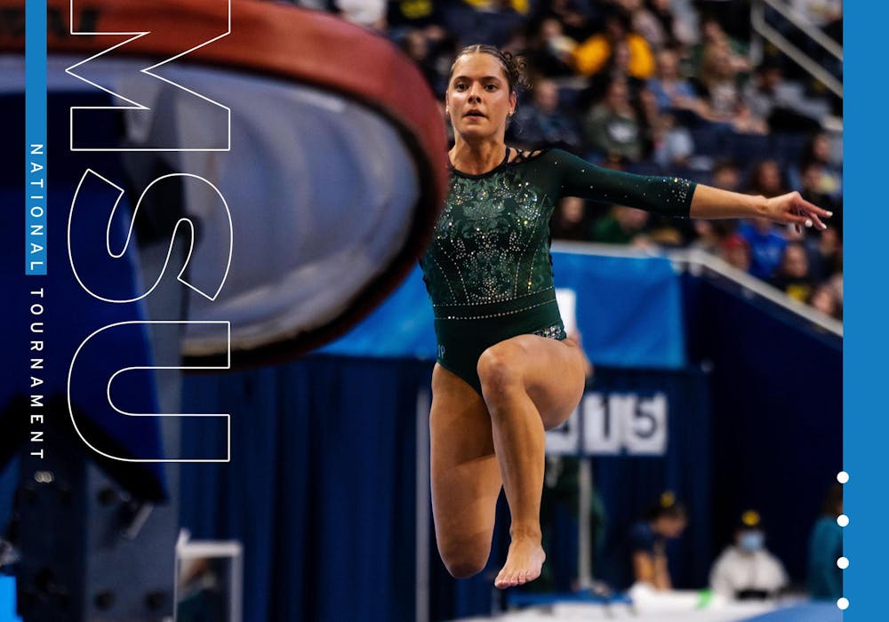Michigan State junior Sage Kellerman competes on vault during the Big Ten Championship at the Crisler Center in Ann Arbor, Michigan on March 22, 2025. Michigan State fell behind by 0.3 in the end, with UCLA finishing at 198.450 and MSU at 198.150.