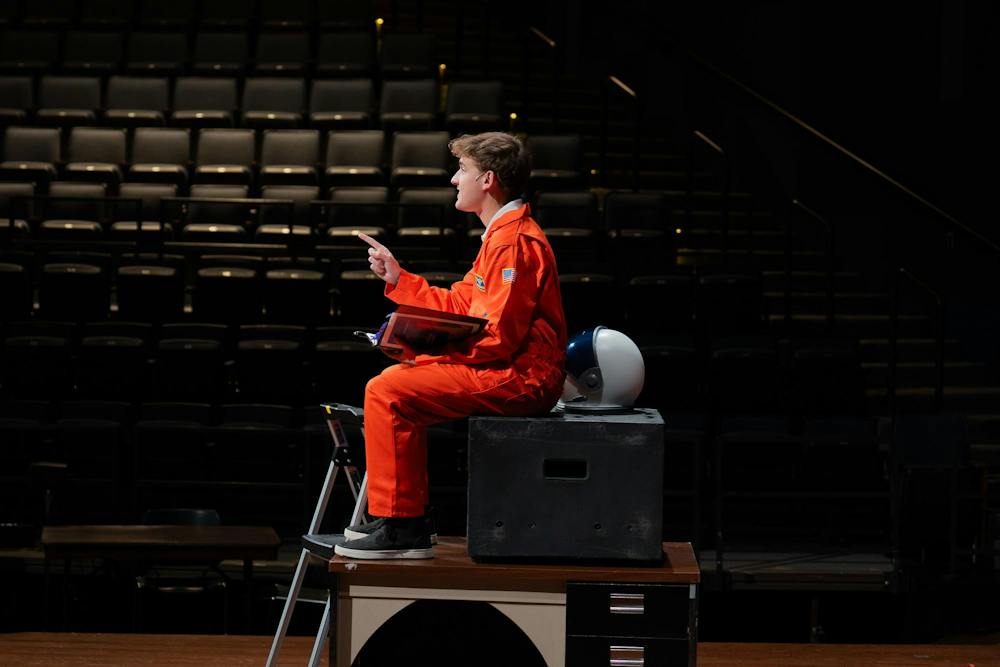 <p>A Michigan State student rehearses for the upcoming production of "Discovery" at Wharton Center in East Lansing, Mich., on Tuesday, Sept. 22, 2026.</p>