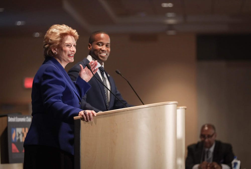 U.S. Senator Debbie Stabenow, D-Michigan, debates her Republican opponent, John James, on Oct. 15. Photo courtesy of the Detroit Economic Club.