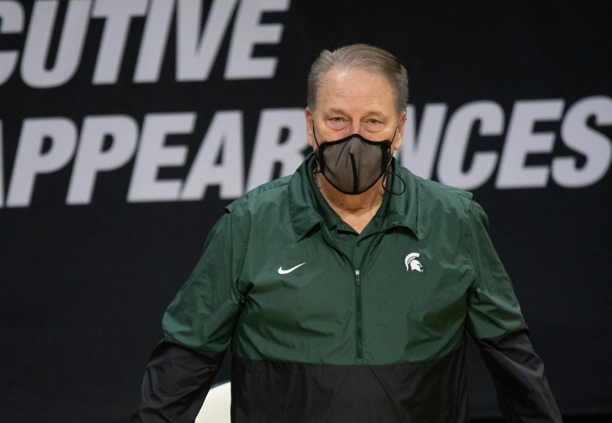 <p>MSU Head Coach Tom Izzo listens to the cheers and applause following a win against OSU on Feb. 25, 2021.</p>