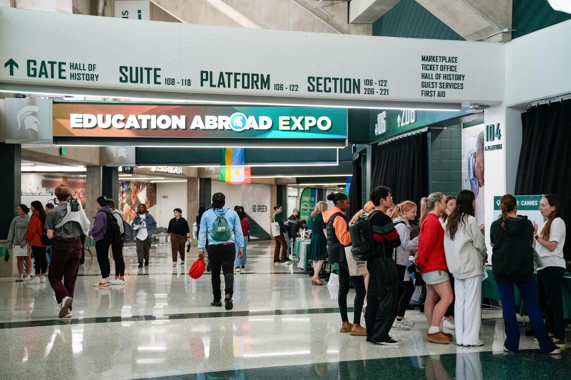 MSU students talk with program directors and coordinators about the several education abroad opportunities at the Education Abroad Expo at the Breslin Center on Oct. 5, 2023. 