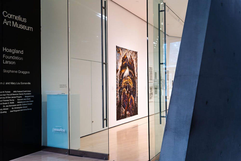 The Nabil Kanso: Echoes of War exhibit at the Eli and Edythe Broad Art Museum on April 2, 2025. The exhibit features the artist’s large-scale paintings exploring the impact of war and conflict and is on view from February 15 to June 29, 2025, highlighting Kanso’s works addressing historical events in the Middle East and beyond.