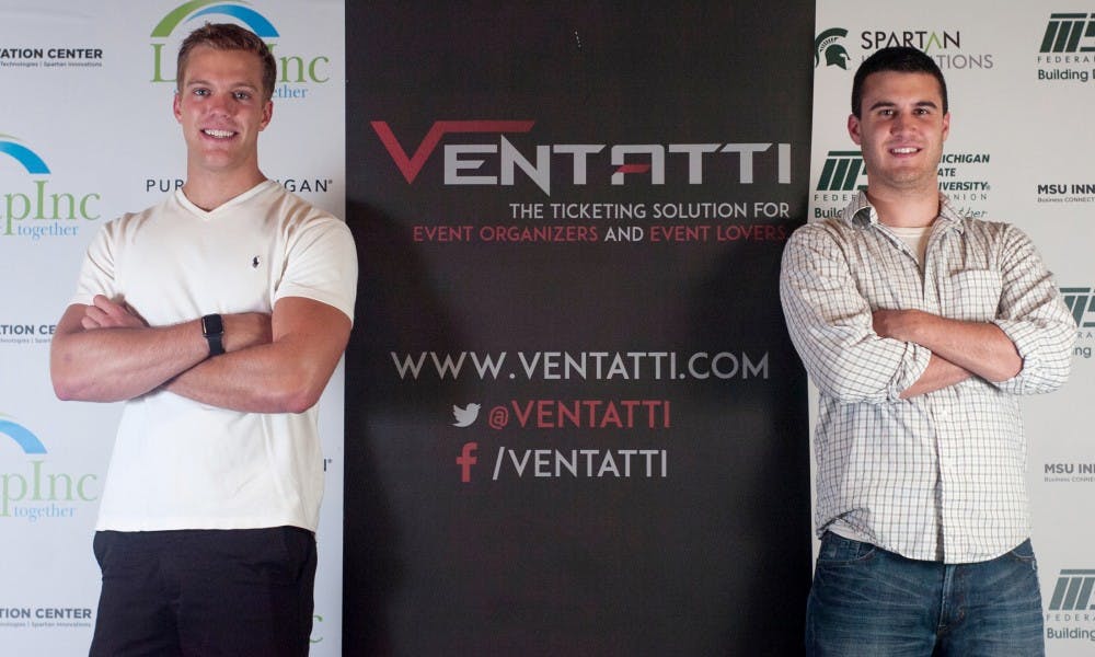 <p>Marketing senior Griffin Goble, left, and computer science junior Sean Ainsley pose for a portrait on Sept. 8, 2015, at Spartan Innovation, 325 E. Grand River, in East Lansing. Ventatti is an online event ticket promoting business. "We decided to start this business to bridge gaps between students and the community," Ainsley said. Treasure Roberts/The State News</p>