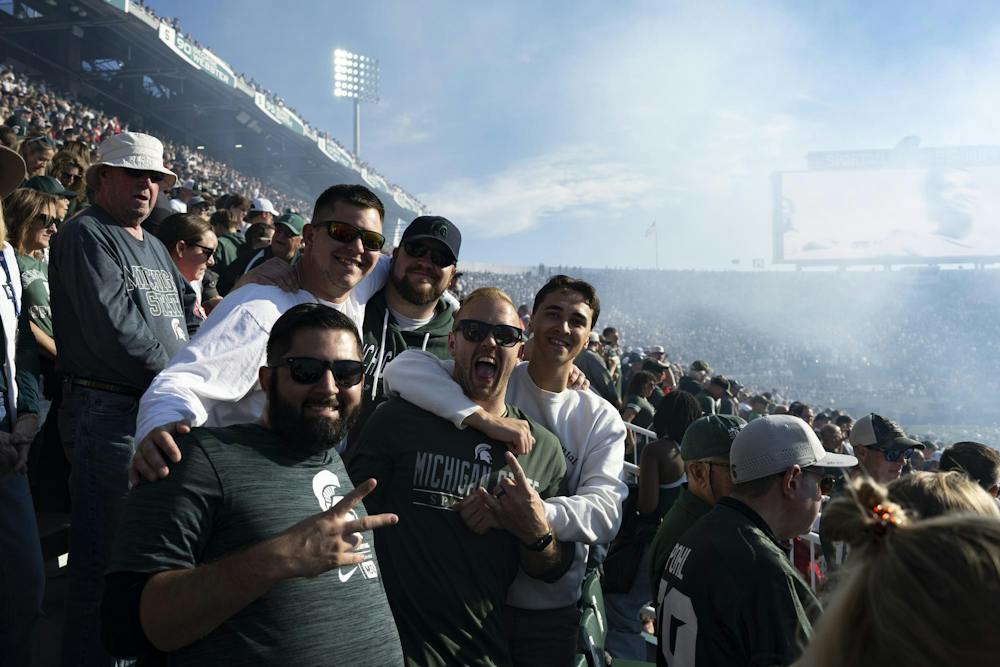 <p>Michigan State fans pose and cheer from the stands during the Spartans’ game against Nebraska at Spartan Stadium in East Lansing, Mich., on Saturday, Sept. 26, 2026.</p>