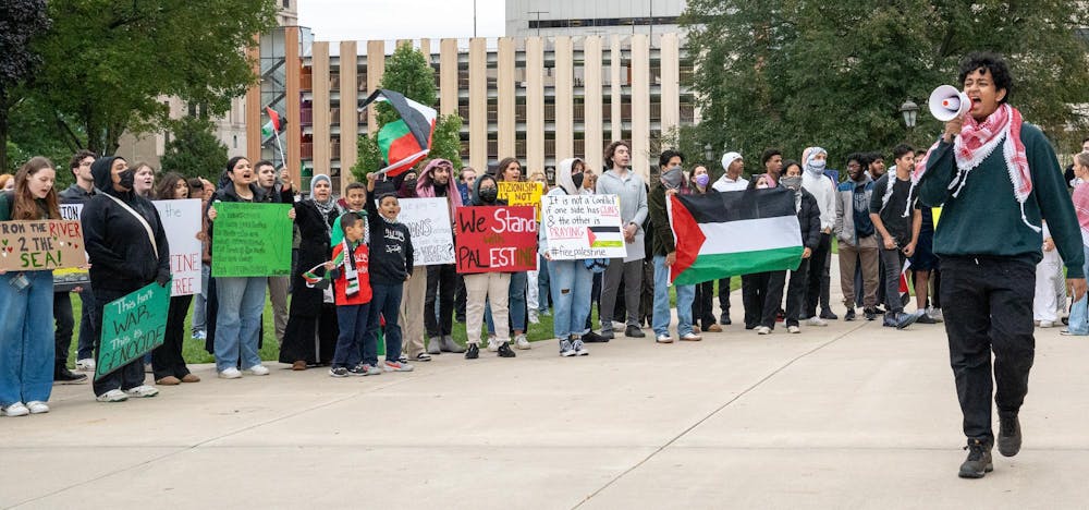 <p>Protest for Palestine held by Michigan State’s club SUPR, Young Communist League, and the Arab Cultural Society at the Lansing Capitol on Oct. 12, 2023.</p>