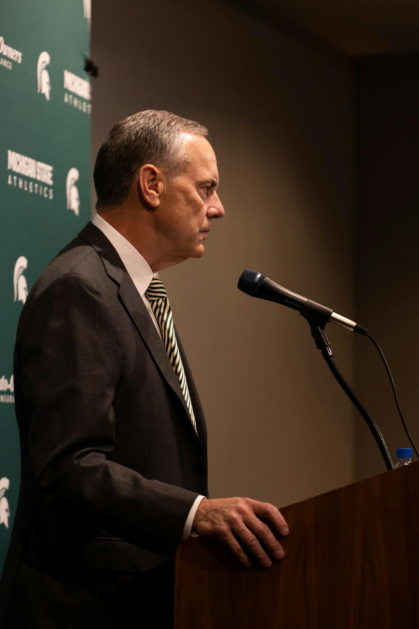 Dantonio listens to a question during a press conference at the Breslin Center on Feb. 4, 2020.