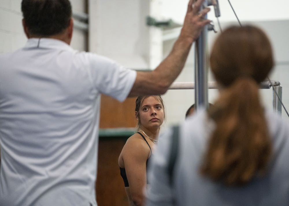 Freshman all-around competitor Sage Kellerman at practice on Friday, March 24, 2023 - one week before the Spartans travel to Pittsburgh, Pa for the second round of the NCAA Regionals tournament. 