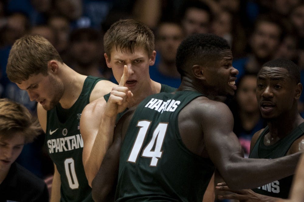 Sophomore guard Matt McQuaid (20) reacts to a penalty call made by a referee during the second half of the game against Duke on Nov. 29, 2016 at Cameron Indoor Stadium in Durham, N.C. The Spartans were defeated by the Blue Devils, 69-78. 