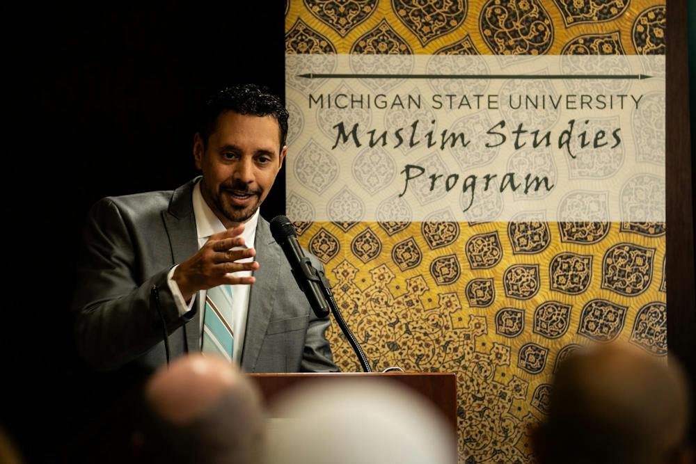 <p>Religious studies professor and director of the Muslim Studies Program, Mohammad Khalil speaks to attendees of the 20th anniversary celebration of the Muslim Studies program inside the MSU International Center in East Lansing, Mich., on Friday, Sept. 18, 2026.</p>