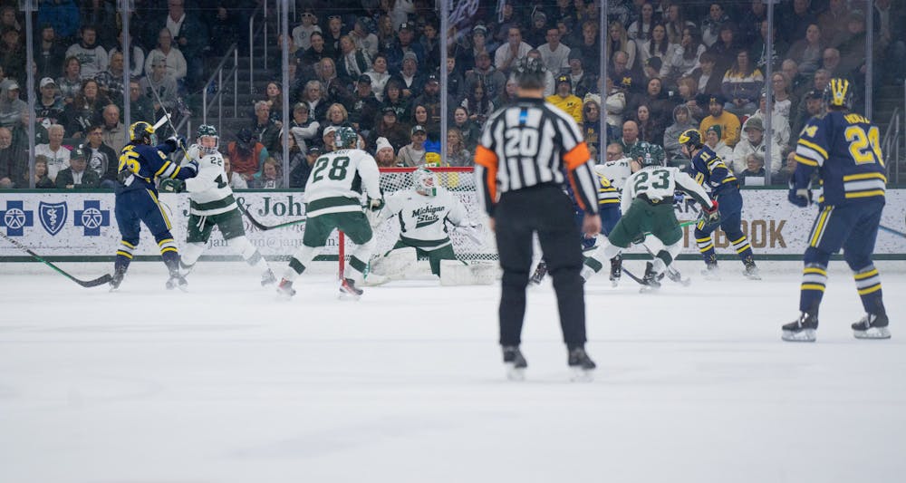 <p>The Wolverines offense overpowered the Spartan's 4-2 at at Munn Ice Arena in East Lansing on Friday, Feb. 10, 2023. The two rivals are set for a rematch on Saturday, Feb. 11, 2023 at Little Caesars Arena in Detroit.</p>