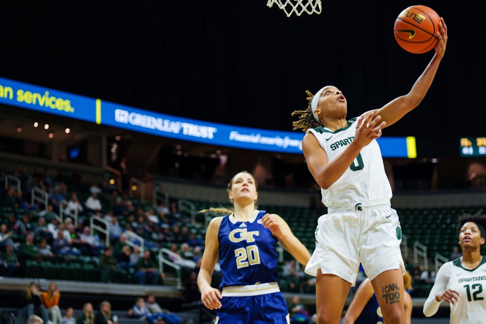 <p>Sophomore guard DeeDee Hagemann (0) shoots a layup during a game against Georgia Tech, held at the Breslin Center on Dec. 1, 2022. The Spartans fell to the Yellow Jackets 63-66.</p>