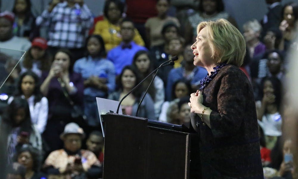 Democratic presidential candidate Hillary Clinton gives a speech during a campaign rally at Clark Atlanta University on Friday, Oct. 30, 2015, in Atlanta. (Bob Andres/Atlanta Journal-Constitution/TNS)