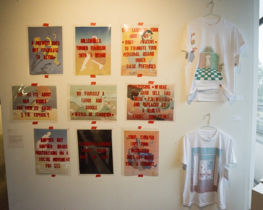 Senior graphic design student Lorenza Centi's collection displayed during the senior show on April 13, 2017 at Kresge Art Center. Centi had the opportunity to design two exclusive t-shirts for Urban Outfitters Artistic Edition. They are both available online for purchase at Urban Outfitters website.