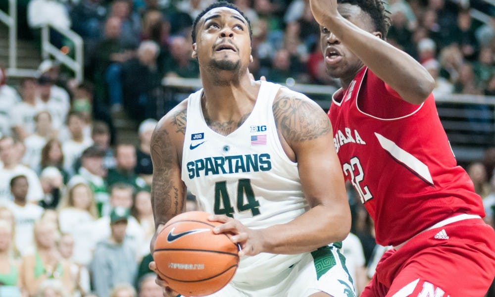 Sophomore forward Nick Ward (22) looks for an opening to shoot a basket during the game against Nebraska on Dec. 3, 2017, at Breslin Center. The Spartans defeated the Cornhuskers 86-57.