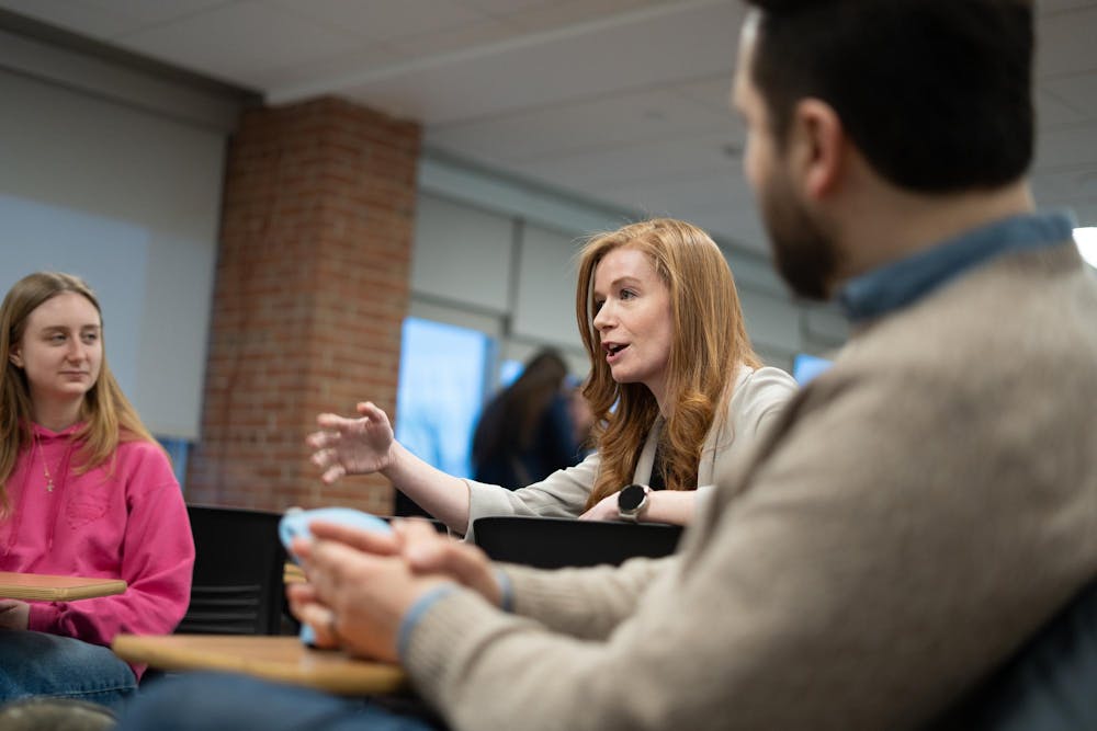 <p>Michigan Senate majority whip Mallory McMorrow speaks at a Michigan State Dems meeting at Case Hall on March 10, 2026. </p>
