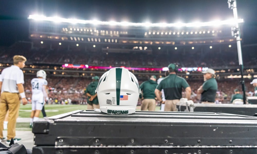 A spartan football helmet on the sideline. The Buckeyes defeated the Spartans, 34-10, at Ohio Stadium on October 5, 2019. 