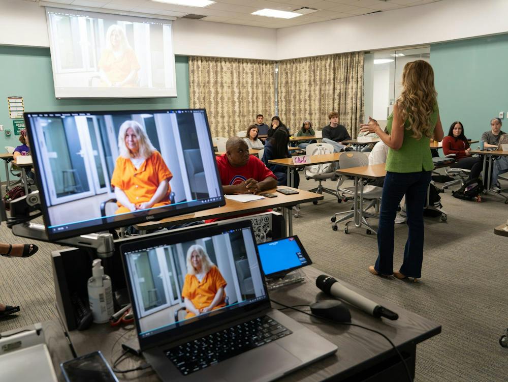 <p>A video of Linda Stermer plays on a computer as guest speaker Alysia Sofios speaks to a classroom about her recent project at Brody Hall in East Lansing, Mich., on Wednesday, Sept. 30, 2026.</p>