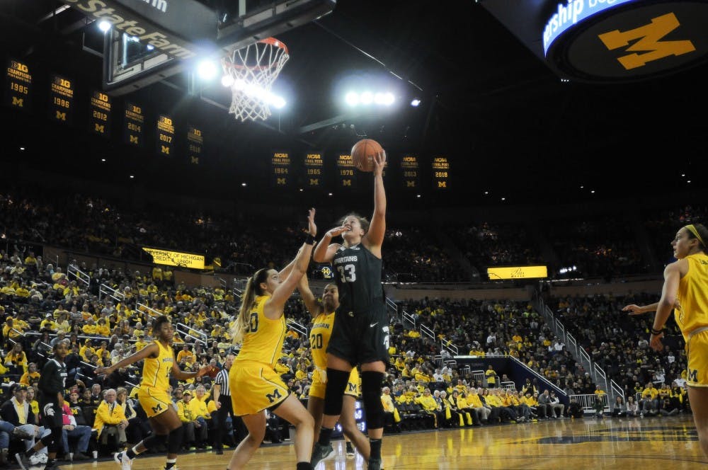 <p>Senior center Jenna Allen (33) goes for a layup at the Crisler Arena on Jan. 27, 2019. The Spartans would defeat the Wolverines 77-73.&nbsp;</p>